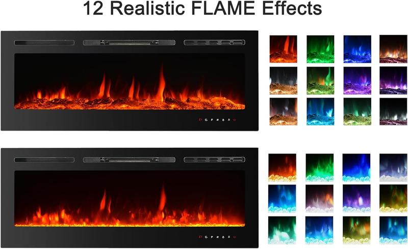 Electric Fireplaces-60 Inch-Recessed and Wall Mounted Fireplace- Insert Heater L