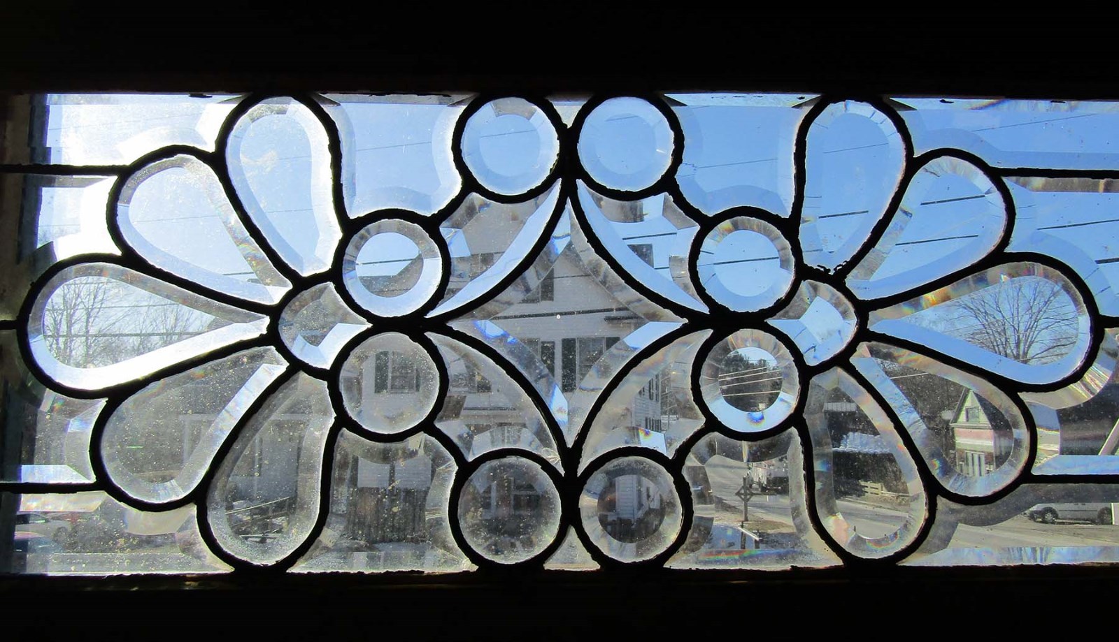 FANCY VICTORIAN BEVELED GLASS TRANSOM WINDOW 15 by 48
