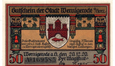 1920 Germany Notgeld Wernigerode 50 Pfennig Note (C288)