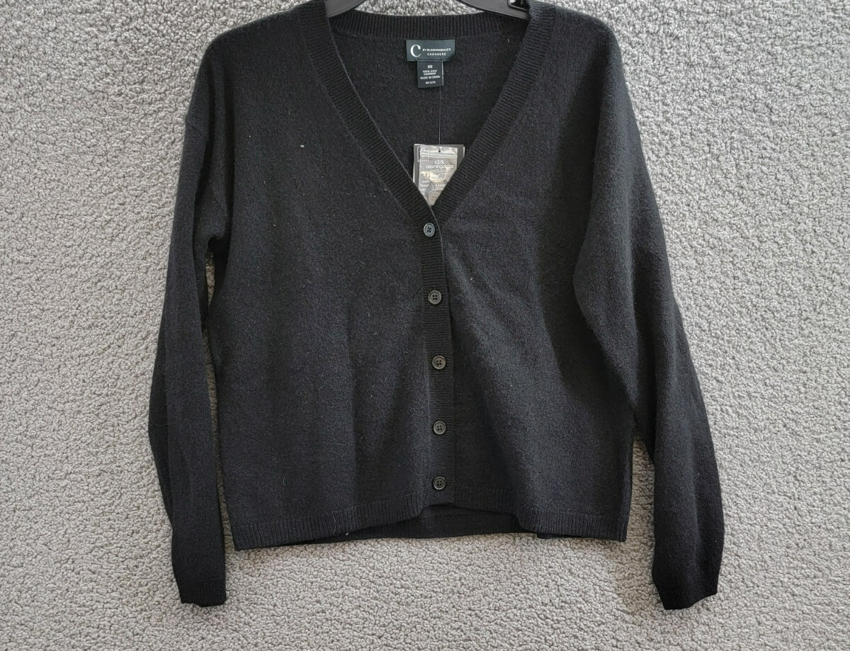 C by Bloomingdale's Cashmere V-Neck Cardigan Women's XS Black Button Closure L/S - Picture 1 of 16