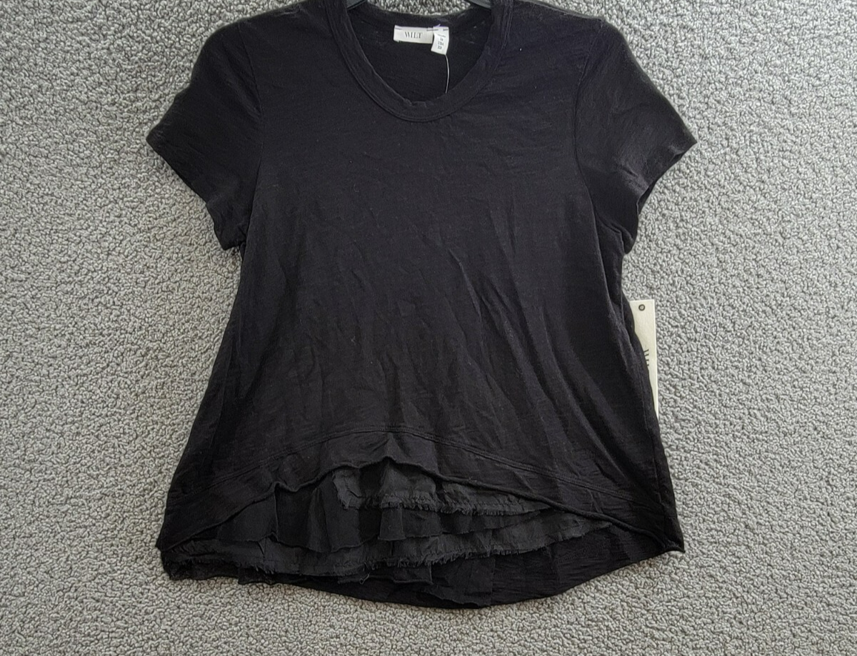 Wilt Boxy Mixed Media Hem Tee Women's XS Black Round Neck Short Sleeve Pullover - Picture 2 of 16