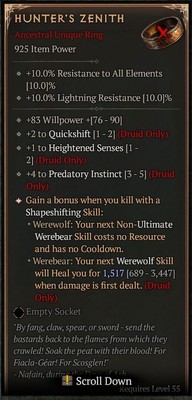 Diablo 4 Season 5  Level 55  925 Hunter's Zenith Druid Unique Ring D4 S5