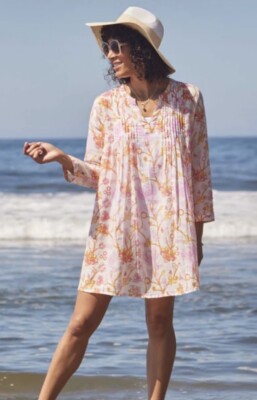 Blu Threads Rock Flower Paper Gemma Pink Cotton Pintuck Beach Cover Tunic NEW