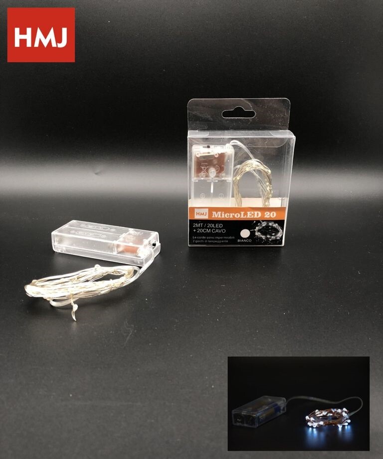 Serie Luci di Natale a batteria 20 Micro LED Luce Bianca Filo Trasparente hmj