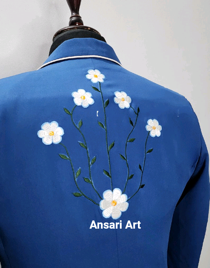 Pre-owned Art Man Blue 2pc Bespoke Handcrafted Country Western Suit Floral Embroidered Outfis