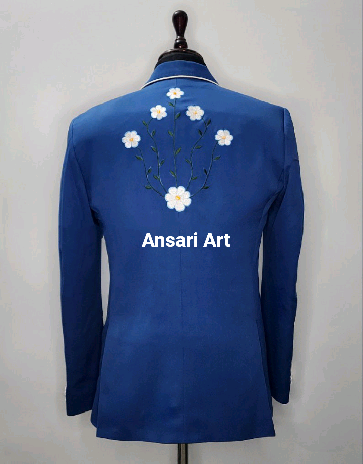 Pre-owned Art Man Blue 2pc Bespoke Handcrafted Country Western Suit Floral Embroidered Outfis