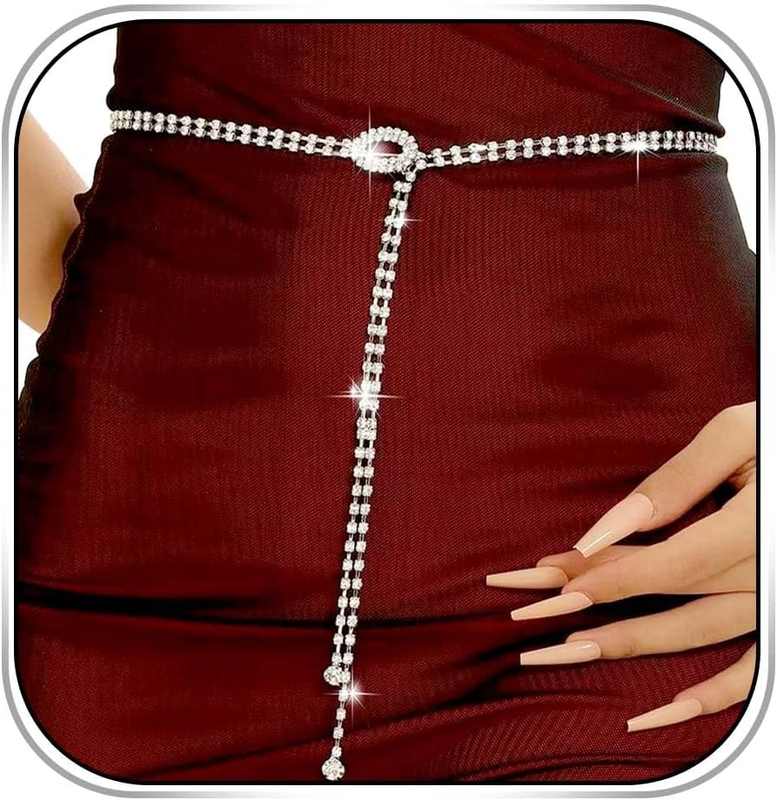 Women Rhinestone Waist Belt Crystal Chain Belt Silver Thin Belts for Dress
