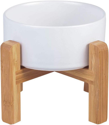 Ceramic Elevated Raised Cat Bowl with Wood Stand No Spill Pet Food Water Feeder