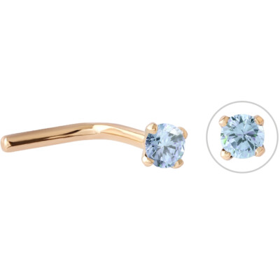 20 Gauge Blue Swarovski L-Shape Nose Stud Ring for Women in 14K Yellow Gold 2mm