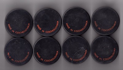 Scarce NHL Biltrite Puck Set of 8 Made In Czechoslovakia Canadiens Seals Flames