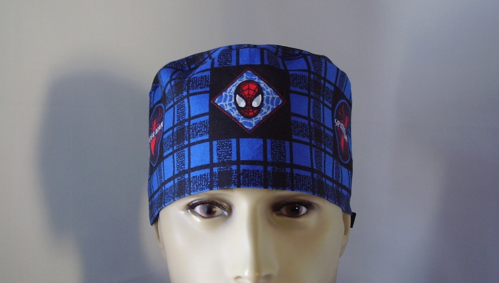 Scrub Hat Surgical Tieback Cap - Spiderman - Black/Royal Plaid - One size