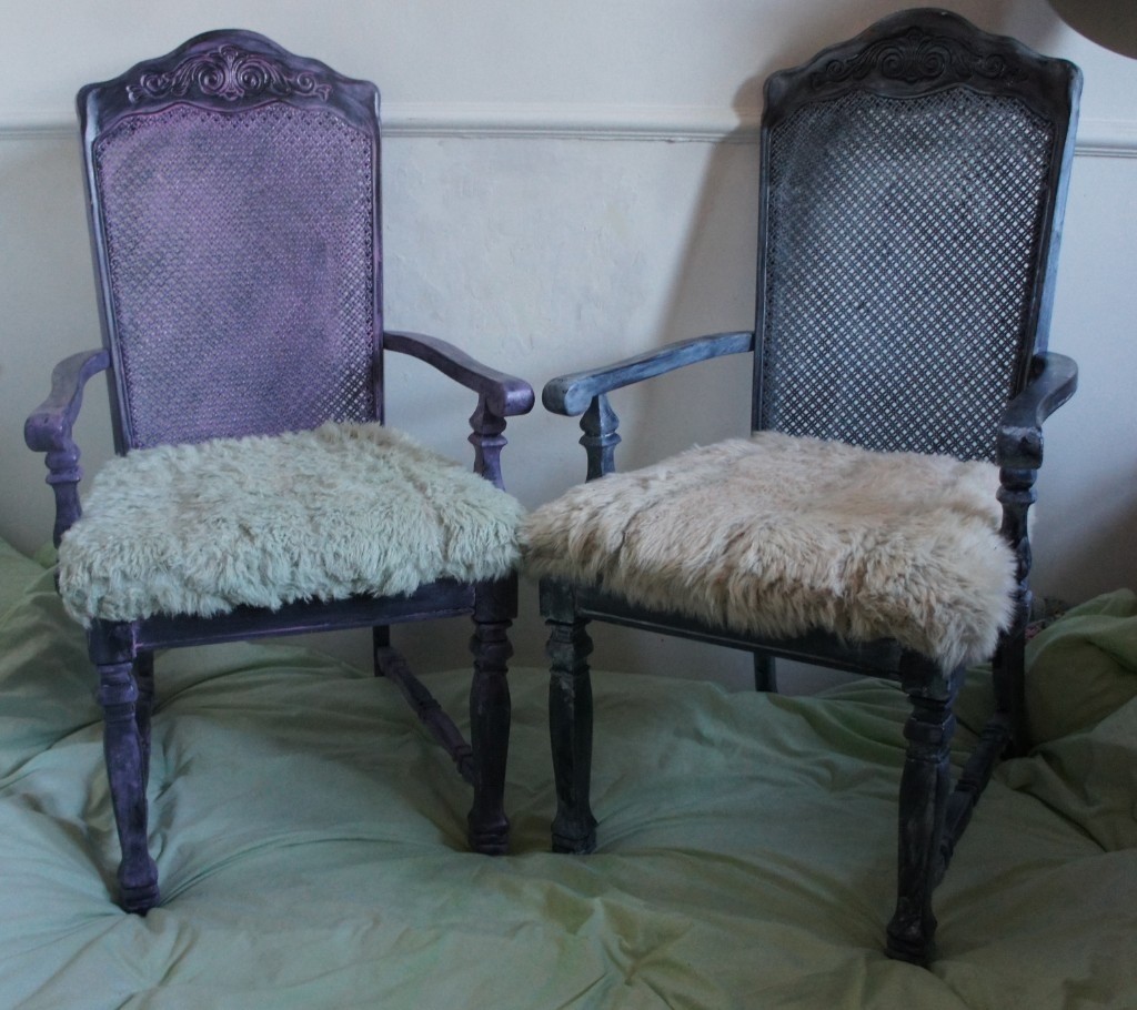 2x antique vintage SOLID WOOD boudoir thrones/seats barrel chairs fur cushions unusual/weird