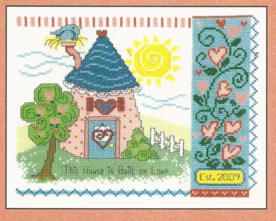 BUILT ON LOVE--House--Bird--Sun--Hearts--Colorful--Counted Cross Stitch Pattern