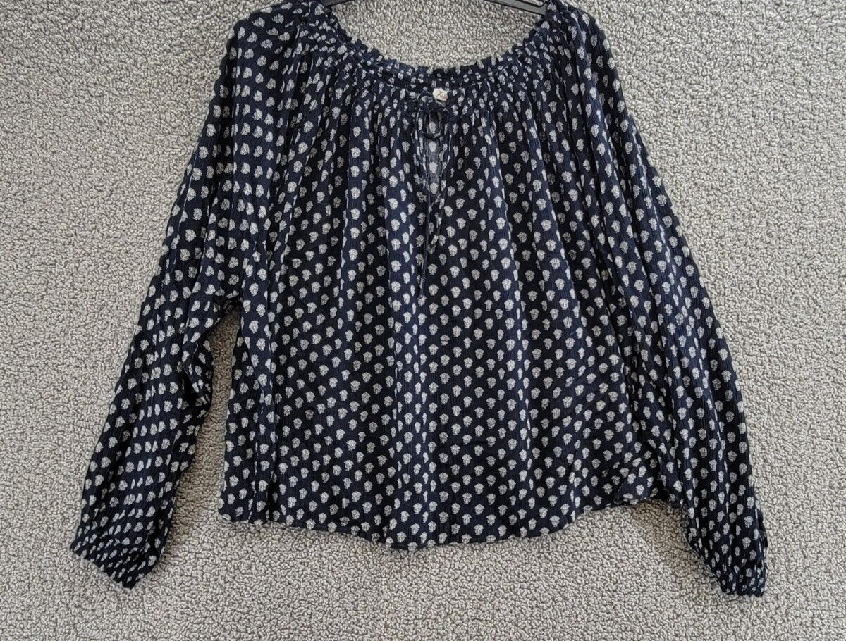 Faherty Emery Floral Peasant Blouse Women's Navy Smocked Split Neck Long Sleeve - Picture 2 of 16
