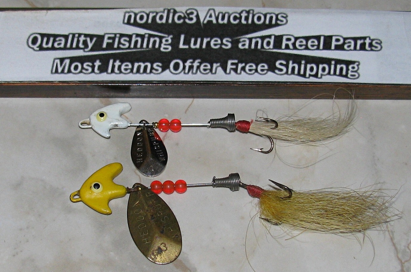 2 VINTAGE HEDDON WHISPURR IN LINE SPINNERS #1 AND #3 BASS