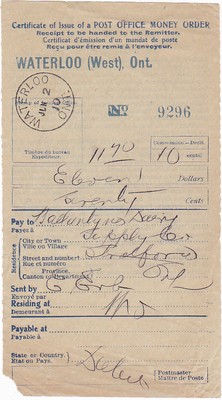 Printed Vintage 1910 Receipt Post office Money Order Waterloo