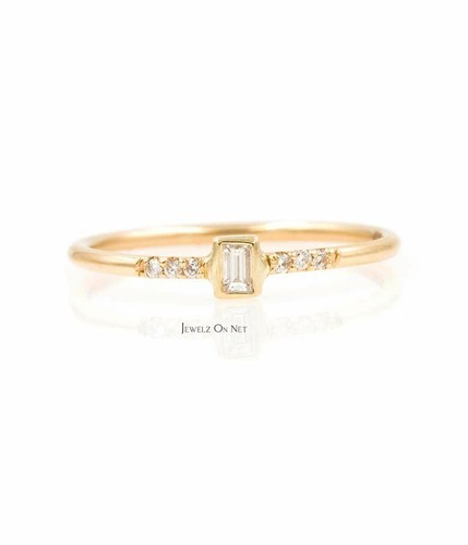 14K Gold 0.13 Ct Natural Baguette and Round Diamond Engagement Fine Ring