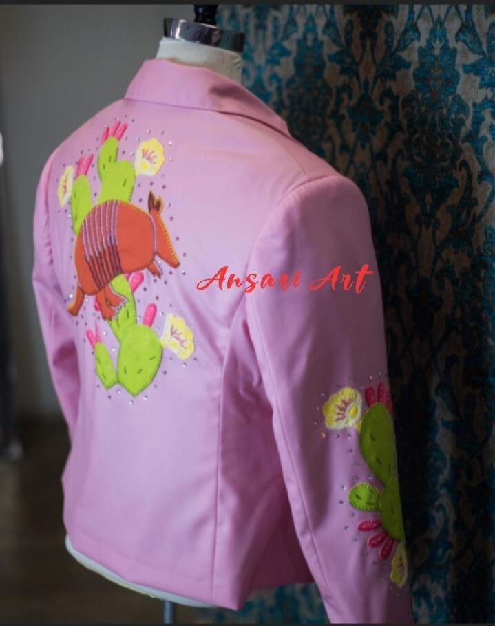 Pre-owned Art Men's 2 Piece Pink Country Western Embroidered Designer Blazer & Pant Suit Set