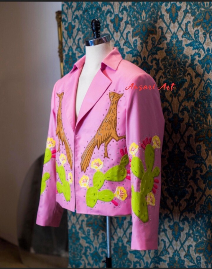 Pre-owned Art Men's 2 Piece Pink Country Western Embroidered Designer Blazer & Pant Suit Set