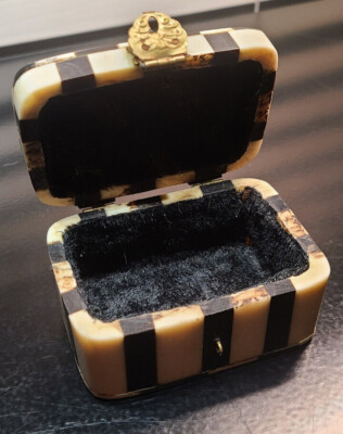 Vintage Camel Bone trinket box, Black White Stripe, Velvet Lined, w latch