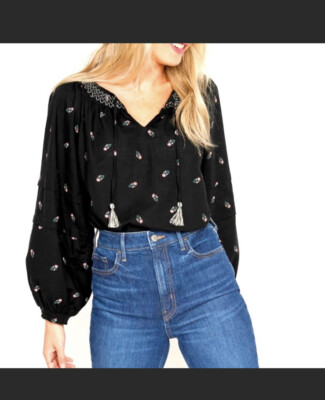 Old Navy Puff-Sleeve Floral Smocked Poet Swing Blouse Black Cotton