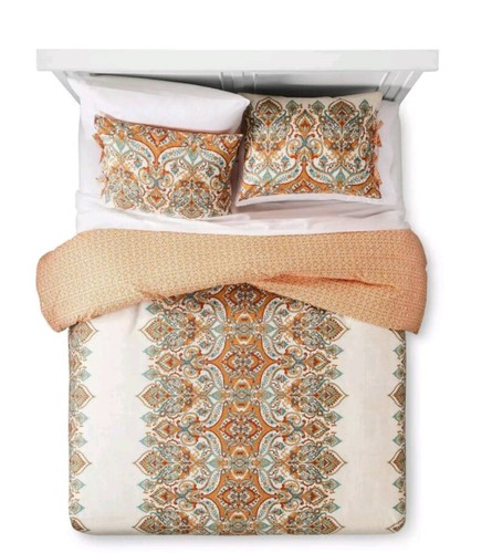 Mudhut Anya Reversible Damask Duvet Cover 3pc Set ~ Queen ~ Orange
