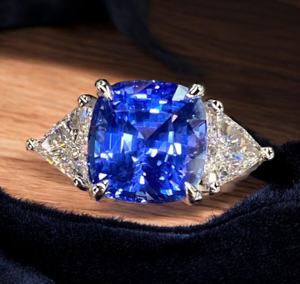 6.00 Ct Cushion Cut Blue Sapphire & Lab Grown Diamond Wedding Ring 950 Platinum