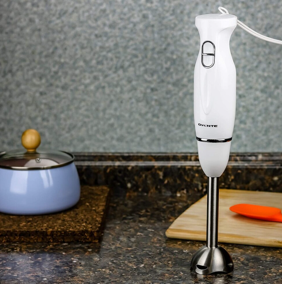 Electric Immersion Hand Blender Stainless Steel Blades 300W Ovente HS560W, White