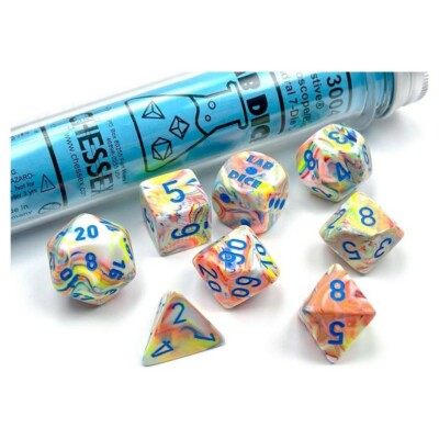 Polyhedral 7-Die Set Festive Kaleidoscope with Blue Numbers Lab Dice by Chessex