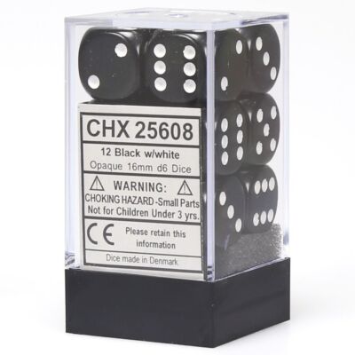 d6 Cube 16mm Opaque Black with White (12)