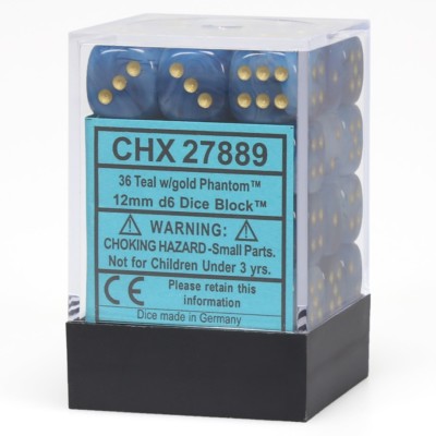 CHESSEX PHANTOM 12mm 36 D6 TEAL WITH GOLD DICE SET FOR MTG WoW WARHAMMER