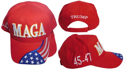 Trump 2024 MAGA 45-47 USA Flag On Bill Red Embroidered Baseball Cap Hat