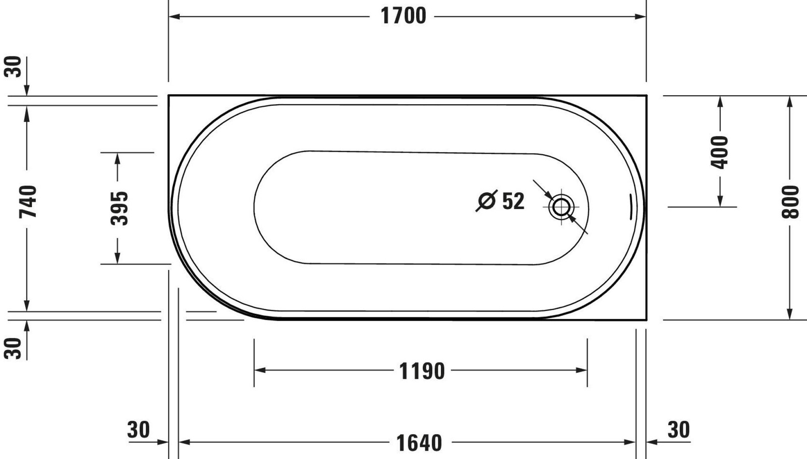 DURAVIT DuraSenja Oval Badewanne 1700x800 mm Wanne Ecke Rechts - Bild 6 von 6