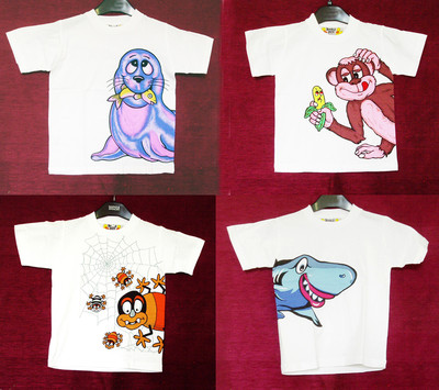 WHITE Children's T-Shirts with CUTE ANIMAL: SPIDER, MONKEY, SHARK, SEA LION, new