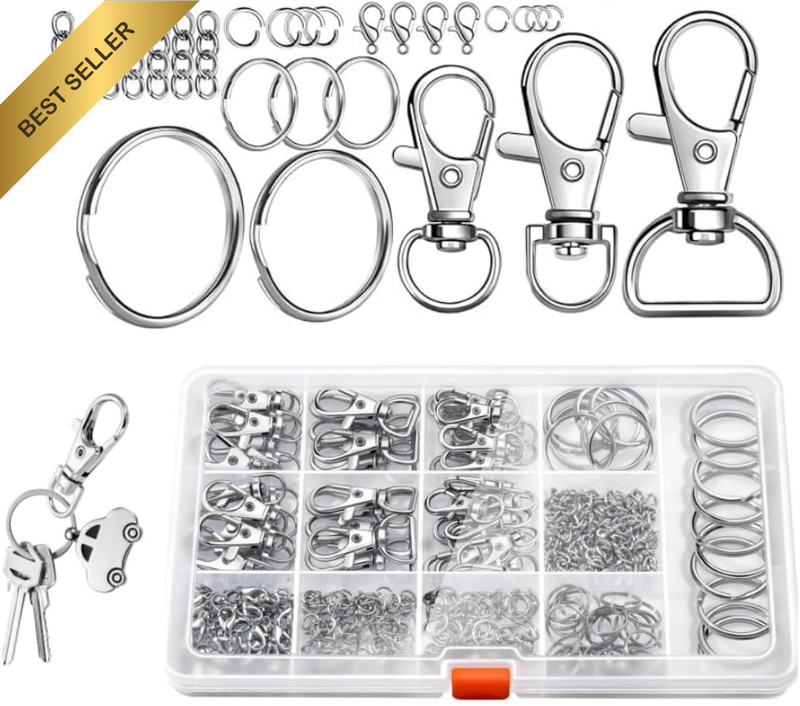 265Pcs Metal Keychain Kit - Silver Clips, Hooks, Rings, Lobster Claw Clasps, Acc