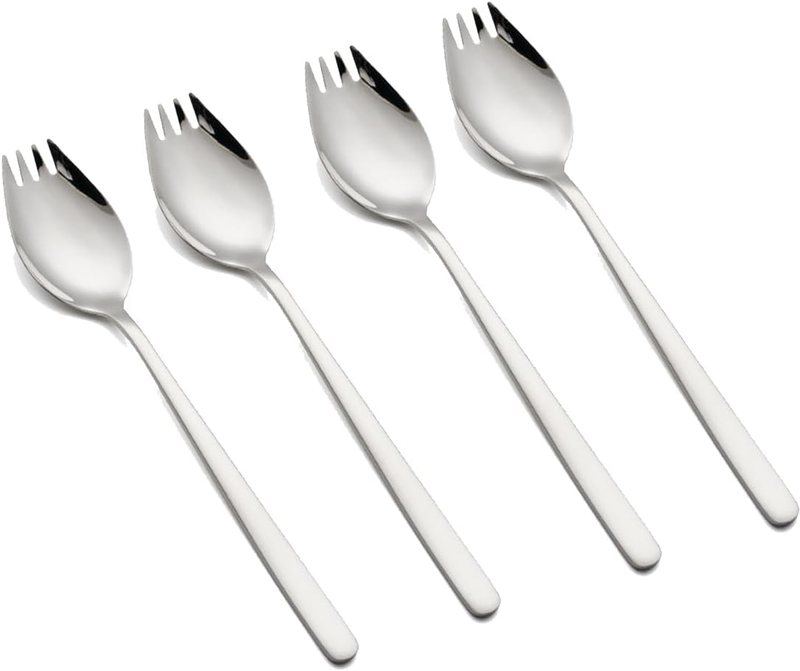Sporks, 4-Pack 18/10 Spork Stainless Steel, Metal Spork for Everyday Household Use, 7.4-Inch Long Handle Dessert Spoons Ice Cream Spoons Salad Forks, Spork for Fruit Appetizer Dessert