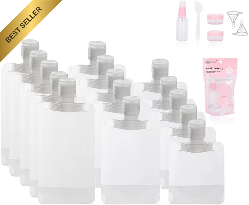 21 PCS Portable Refillable Travel Pouches with Dispensing Tools 30Ml/50Ml/100Ml