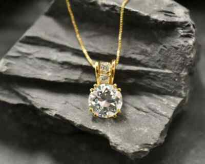 2Ct Round Cut VVS1/D Diamond Solitaire Pendant 14K Yellow Gold Finish Free Chain