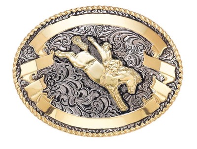 Crumrine Western Mens Belt Buckle Oval  Bare Back Horse Rider Gold Silver C02162