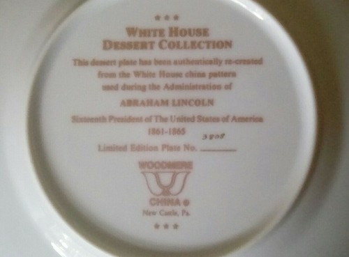 White House Dessert Collection Plate Limited Edition, Numbered.  Abraham Lincoln