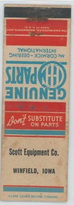 IHC McCormick-Deering Farm Vintage Matchbook Scott Equipment Co Winfield IA