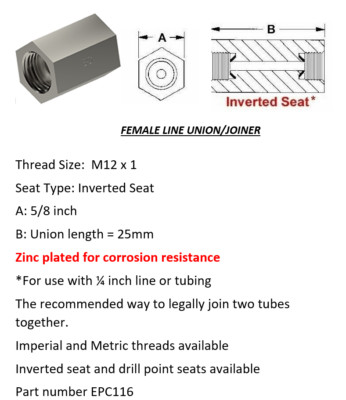 Female Brake Line Union - Joiner Inverted Flare M12 x 1