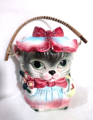 Vintage Royal Sealy Miss Kitty Cat Jar Biscuit Cookie Jar w/ Handle Japan 1950'S