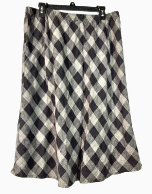 FLAX  Size Large A-Line Skirt Black/Gray Plaid Bias Linen, Elastic Waist NWT