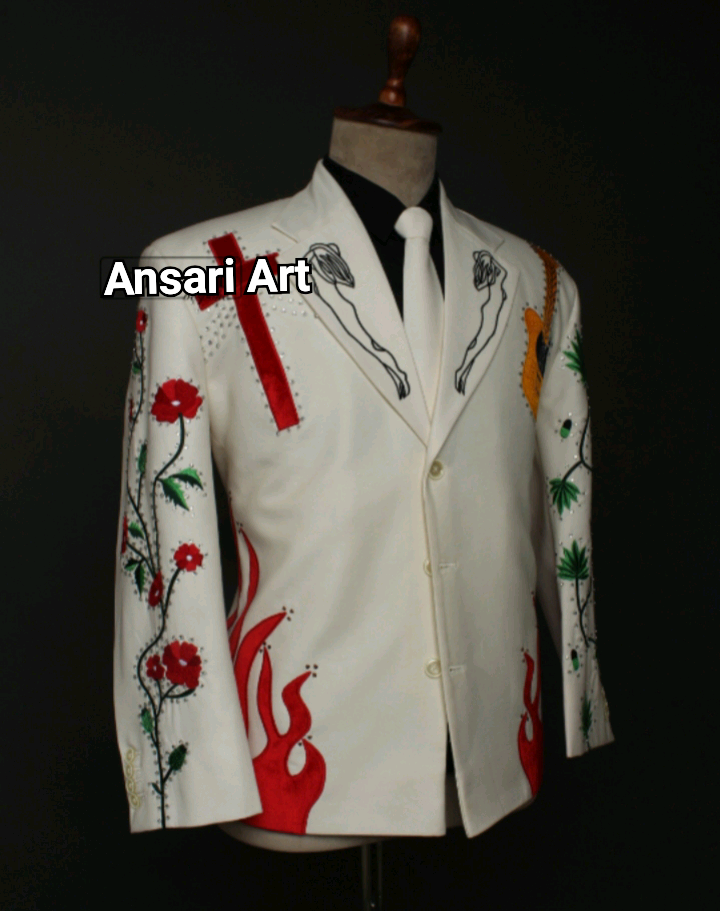Pre-owned Art Mens Designer Suit 2pc Country Western Suit Customized Floral Hand Embroidered In White
