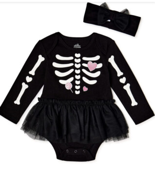 Way To Celebrate Girl s Size 0-3 Months Halloween Skeleton Bones Tutu Bodysuit