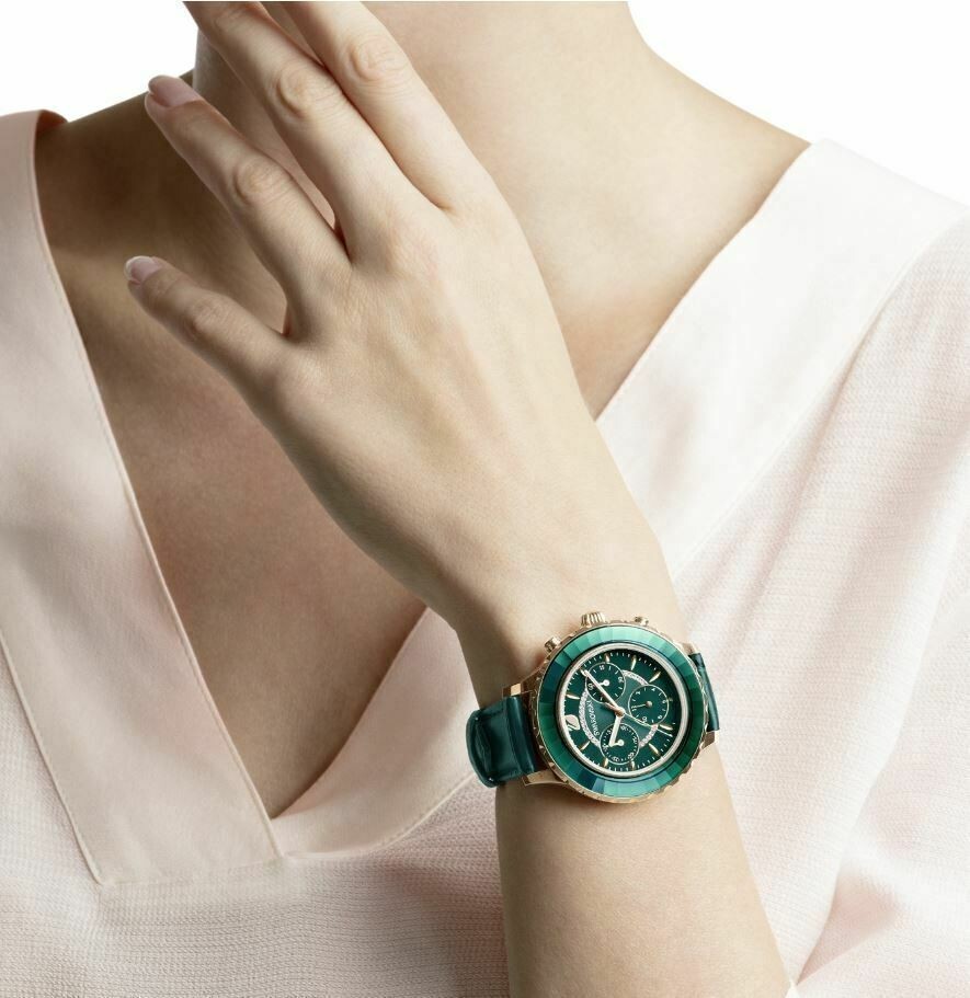 Pre-owned Swarovski 5452498 Octea Lux Green Leather Strap Rose-gold Tone Pvd Chrono Watch