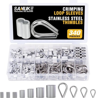 Sanuke 340PCS Stainless Steel Wire Rope Cable Thimbles Aluminum Crimping Loop
