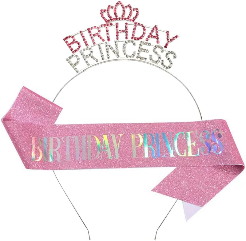 Birthday Princess Sash Headband Set Silver Pink Birthday Girl Crown Headpiece fo