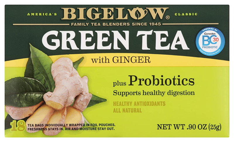 Bigelow Tea Green Tea with Ginger plus Probiotics, Caffeinated, 18 Count 6 Pack